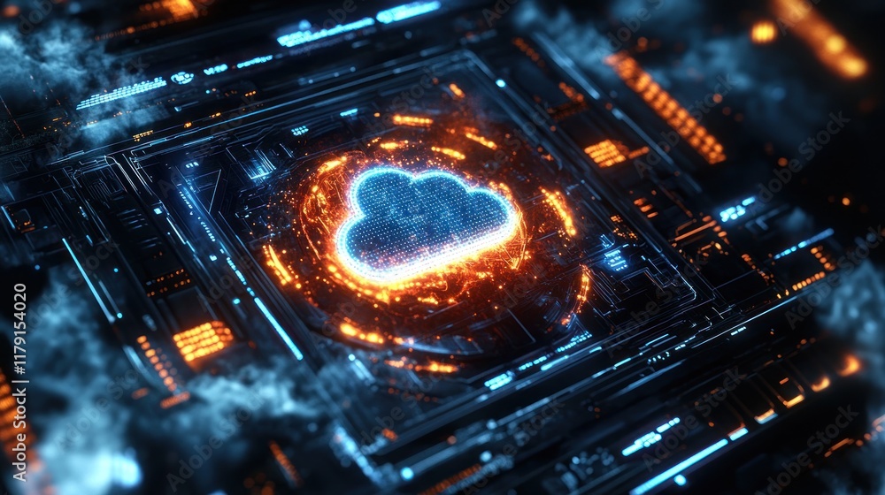 Poster futuristic cloud computing server, digital data storage, glowing network.