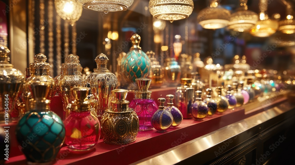 Poster exotic collection of colorful perfume bottles on display in storefront