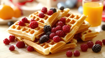 Delicious Golden Waffles Topped with Fresh Raspberries and Blackberries on a Rustic Wooden Table