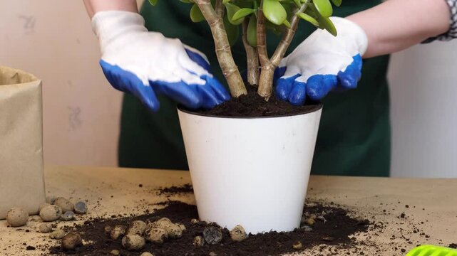 woman in gardening gloves tampers soil in a flower pot with her hands. Houseplant care, annual flower transplant.