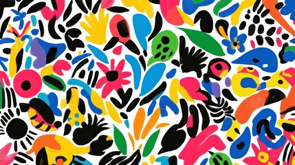 Vibrant abstract floral pattern with colorful shapes and flowers on white background.