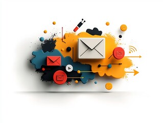 Obraz premium Vibrant digital composition featuring a tapestry of interwoven global network elements playful hand sketched user icons fluid linkage arrows stylized mail symbols organic shapes and patterns