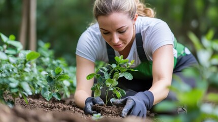 Fototapeta premium Dedicated Young Woman Planting Small Green Seedling in Soil with Care in Natural Outdoor Environment