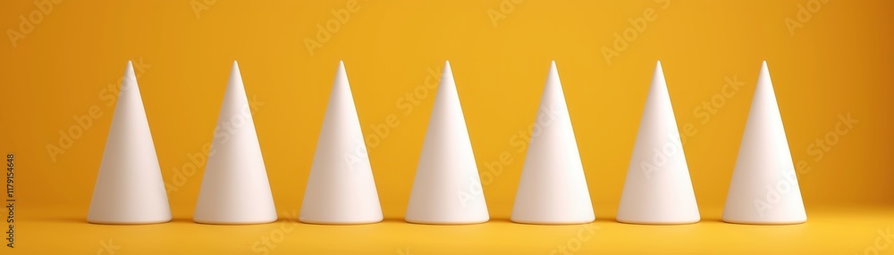 Poster white cones in a row on vibrant yellow background for design use