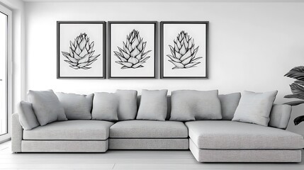 Modern living room with grey sectional sofa and three framed botanical prints.
