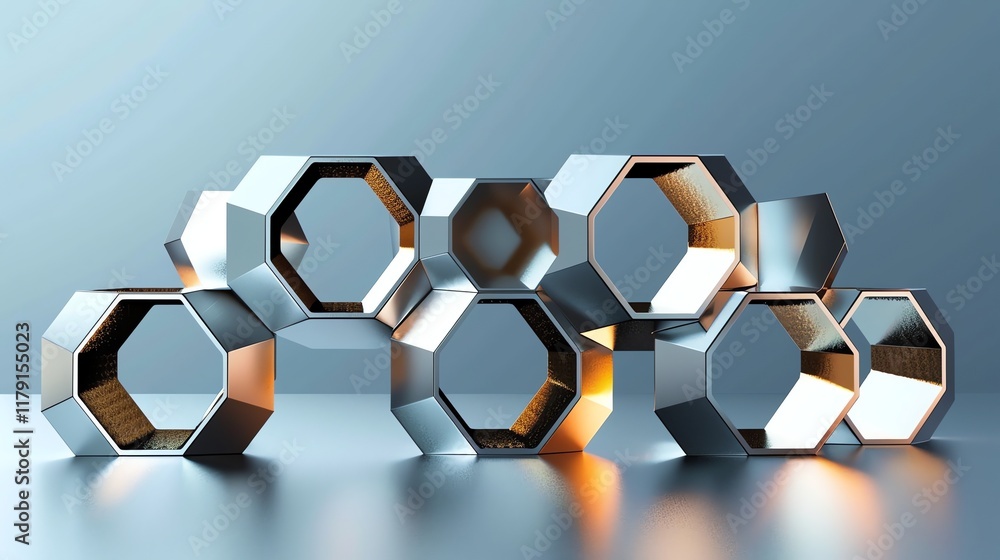 Aufkleber abstract 3d rendering of a silver hexagon on a blue background.