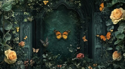 A luxurious gothic garden design with intricate butterflies surrounded by roses, peonies, and dark green foliage