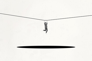 Contemporary poster trend art collage of happy guy rope walker hang ribbon fall hole crisis risk...