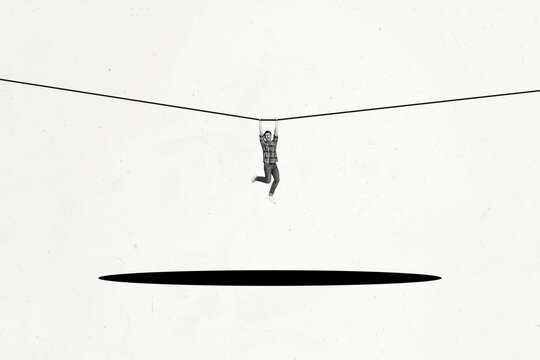 Contemporary poster trend art collage of happy guy rope walker hang ribbon fall hole crisis risk development business concept