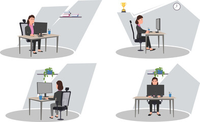 A business woman working with a computer in different views. Vector illustration