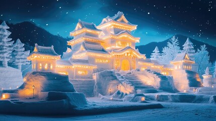 Majestic Ice Castle at Night with Glowing Lights and Snowy Landscape