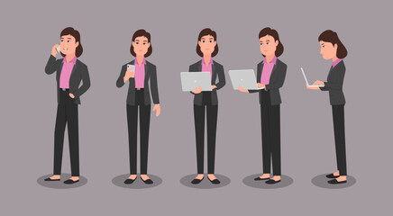 A business woman different views with a laptop and mobile using. Vector illustration