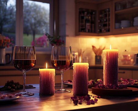Soft lighting glowing candles and wine glasses create a cozy and romantic Valentine's kitchen vibe