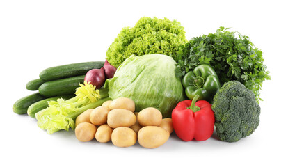 Many different ripe vegetables isolated on white