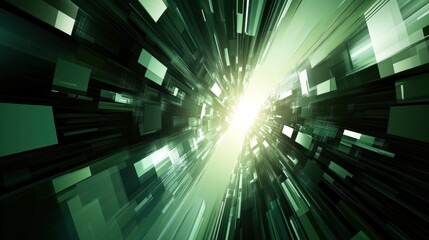 Abstract green digital tunnel with bright light at the end.