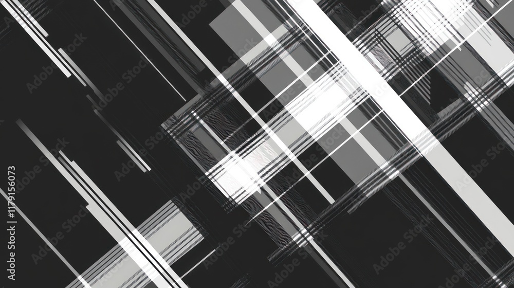 Poster abstract grayscale diagonal lines and squares pattern.
