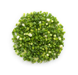 Pile of chopped fresh green onion isolated on white, top view