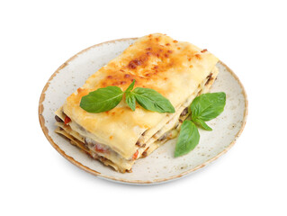 Delicious cooked lasagna with basil isolated on white
