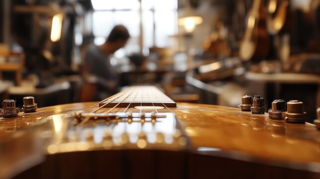 Close-up of guitar neck in luthier's workshop.