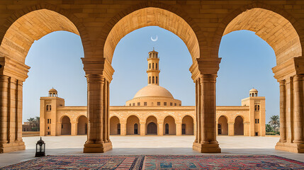 Obraz premium majestic light beige mosque framed by arched entryways under vibrant blue sky with crescent moon