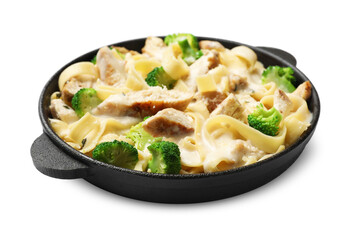 Delicious pasta Alfredo with chicken, cheese, creamy sauce and broccoli isolated on white