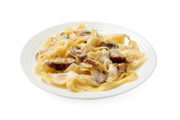 Tasty Alfredo pasta with chicken and mushrooms isolated on white