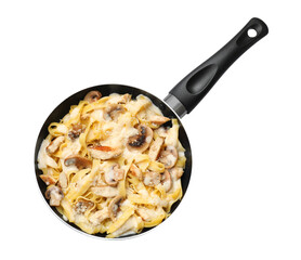 Tasty Alfredo pasta with chicken and mushrooms in frying pan isolated on white, top view