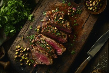 close-up of rustic wooden board with lamb rack steaks, perfectly seared and adorned with vibrant red sauce