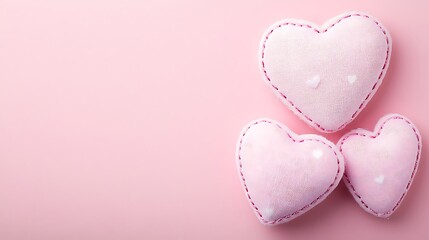 Three Pink Fabric Hearts on Pink Background