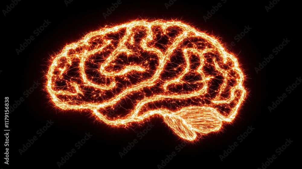 Poster sparkling neon brain illustration with glowing lines and details
