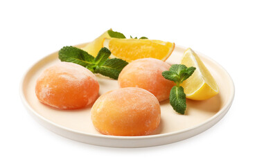 Plate with tasty mochi, cut orange, lemon and mint isolated on white