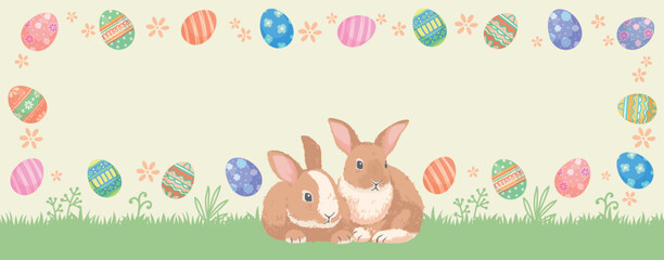 Easter banner design with two little bunnies and colorful Easter eggs, suitable for Facebook banners and web banners