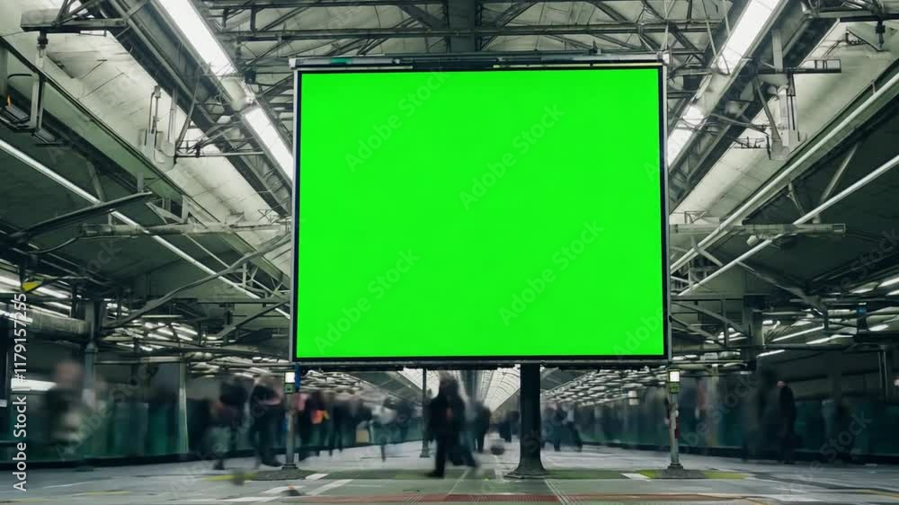 Poster green screen display in busy urban station with blurred commuters moving in various directions
