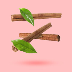 Cinnamon sticks and green leaves in air on pink background