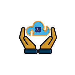 ai icon. Cloud Computing in hand, Outline icons include network, Download and Upload. for computers, technology. colored flat design style. vector design template