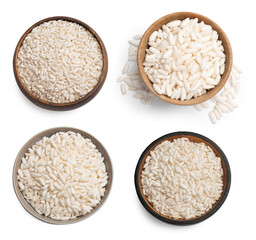 Crispy puffed rice in bowls isolated on white, set. Top view