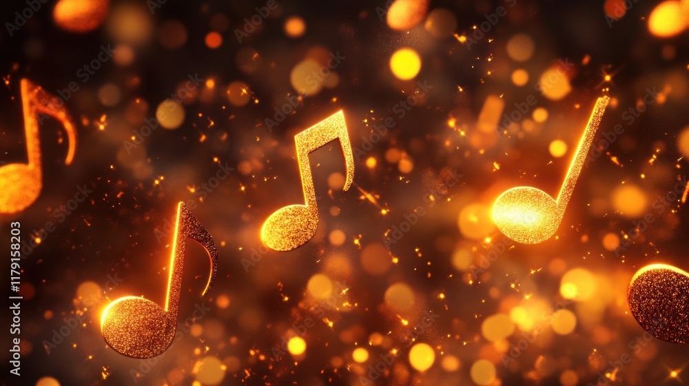 Poster golden musical notes sparkle and float on a dark background with bokeh lights.