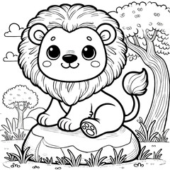 Adorable Cartoon Lion Sitting on a Rock in a Whimsical Coloring Page for Kids
