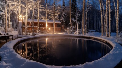 Hot water pool in a tourist resort in winter among snowdrifts illuminated with garlands at night