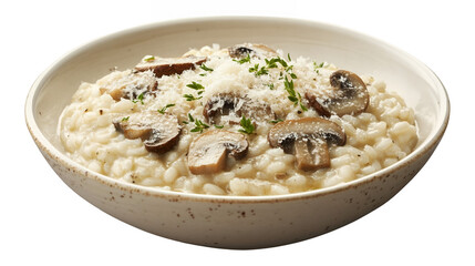 A bowl of creamy risotto with mushrooms and grated parmesan isolated on a transparent background, PNG