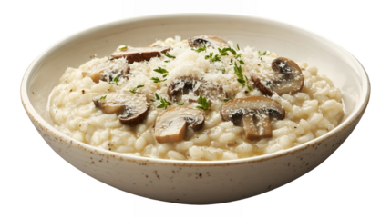 A bowl of creamy risotto with mushrooms and grated parmesan isolated on a transparent background, PNG