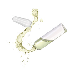 Open ampoule with splashing liquid in air on white background