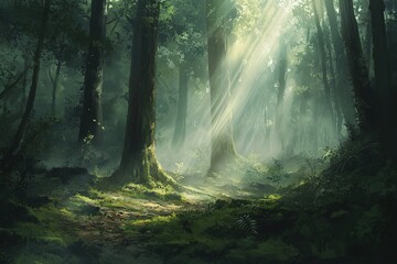 Obraz premium Mystical Forest with Sunlight Streaming Through Tall Trees