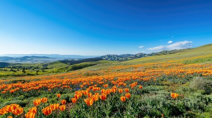Vibrant Orange Tulip Field Under Clear Blue Sky in Spring Landscape