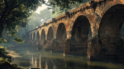 Fototapeta premium Ancient Stone Bridge Over Misty River in Lush Forest