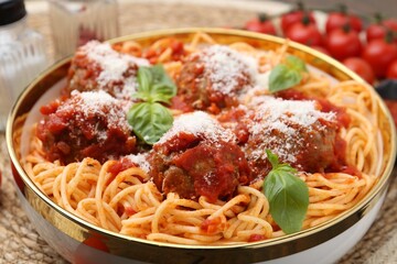 Delicious pasta with meatballs, cheese and basil in bowl on wicker mat, closeup