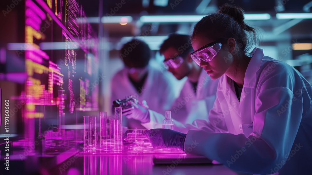 Poster scientist analyzes data in a futuristic laboratory with advanced technology in the evening