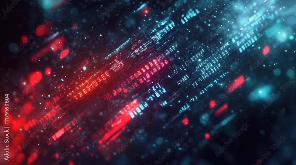 Poster abstract digital data stream with red and blue glowing particles moving diagonally across a dark bac