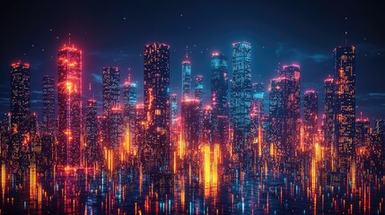 Fototapeta premium Neon cityscape at night with pixelated glowing skyscrapers and reflecting lights.