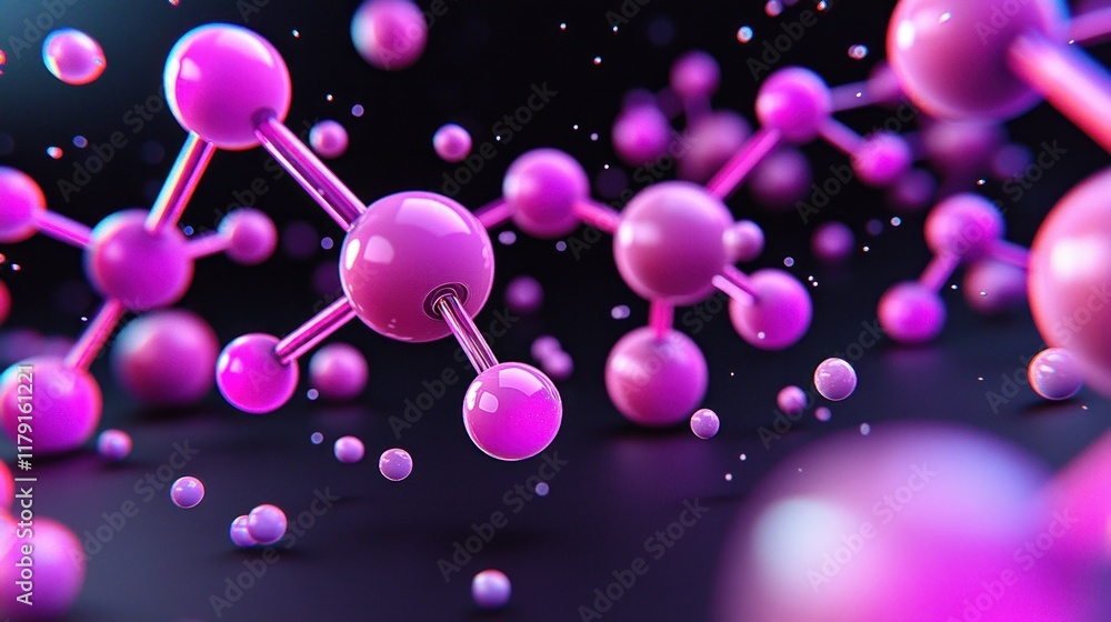 Poster abstract molecular structure with colorful spheres in dark background